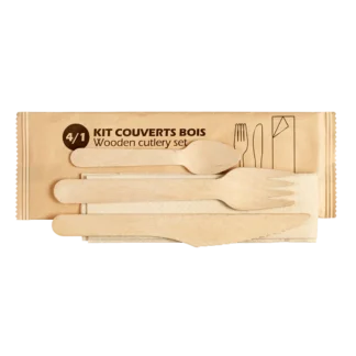 KIT COUVERT EN BOIS POCHETTE PAPIER 4/1